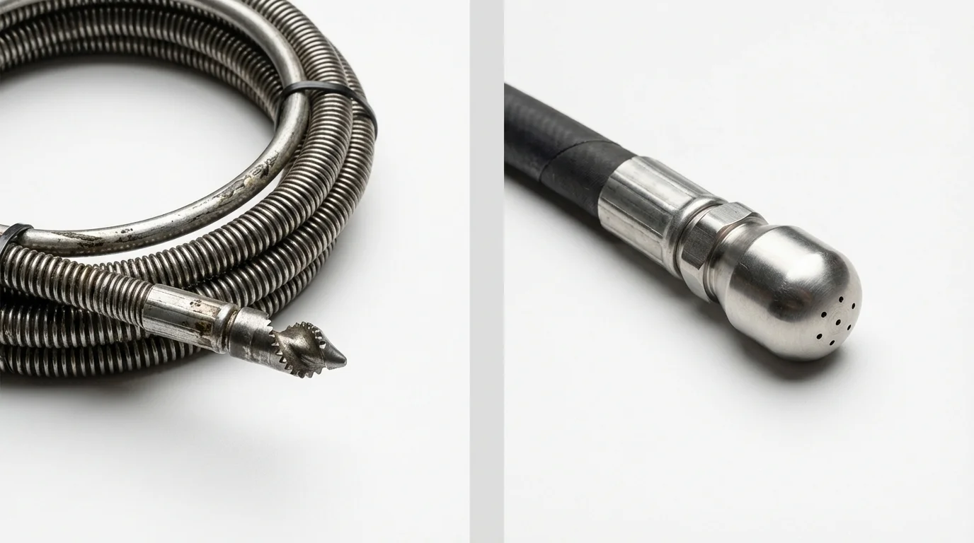 Drain snake cable and hydro jetting nozzle used for drain cleaning in Fredonia, NY