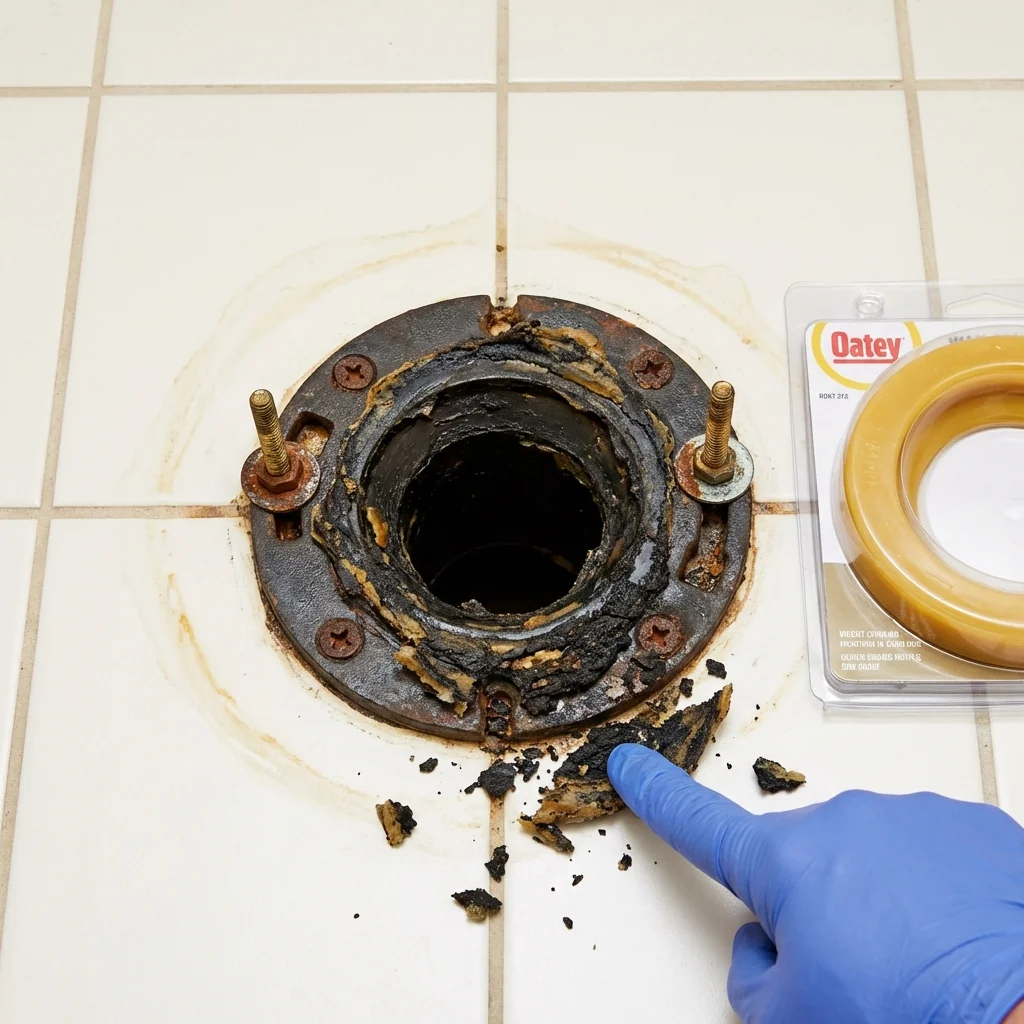 Failed wax ring showing water seepage at the base of a toilet in a Fredonia, NY home