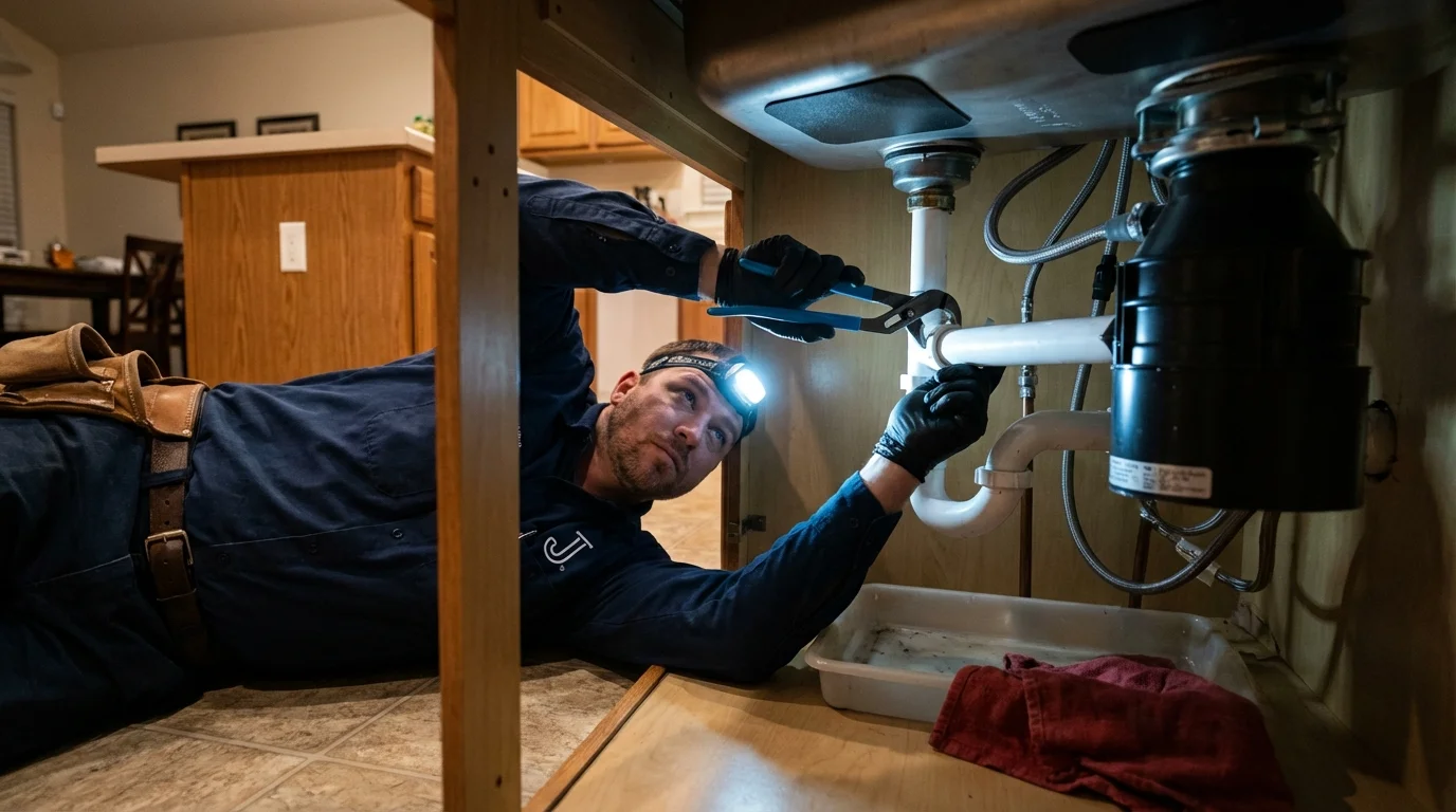 P-trap and supply line connections under a kitchen sink showing a common leak point in Fredonia, NY